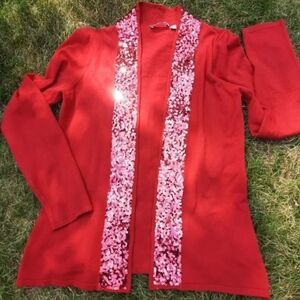 Red sequin open front cardigan sweater L Roz & Ali Christmas